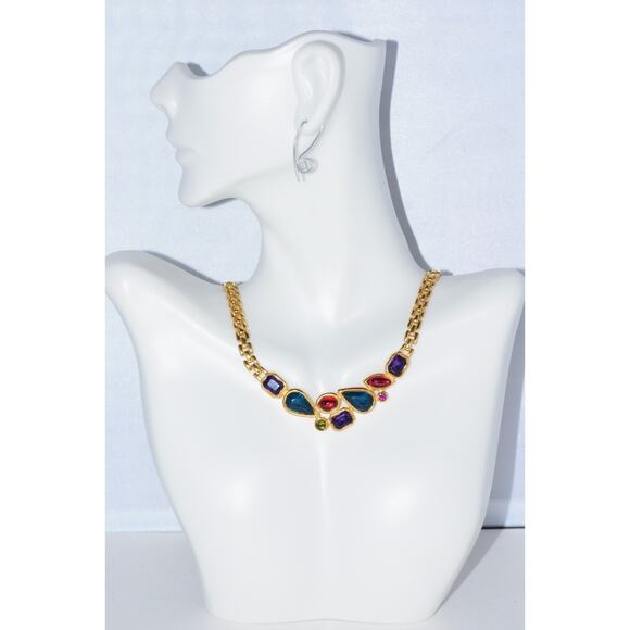 Trifari Multicolored Gripoix Cabochon Gem Choker Couture Statement Necklace - Picture 1 of 8